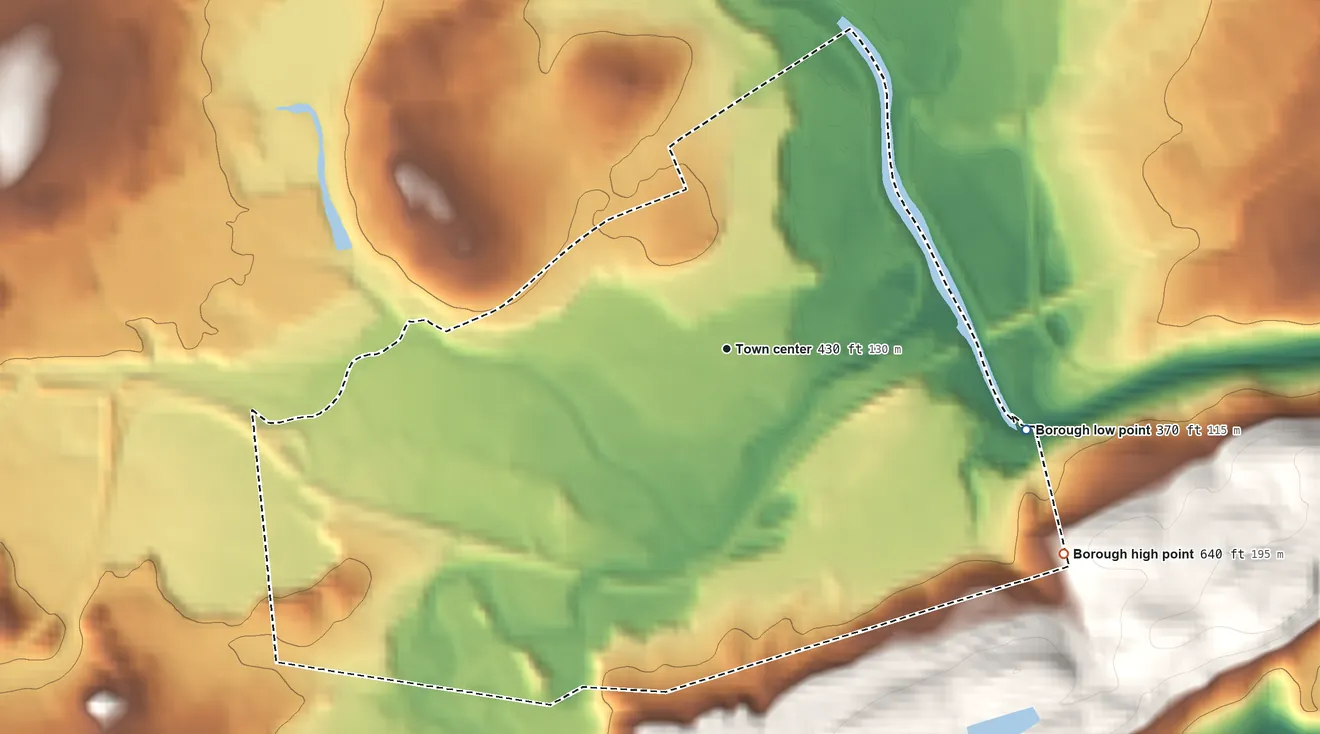 Topographic elevation map of Stroudsburg, Pennsylvania, shaded from 370 ft on the east side to 640 ft on the southeast edge, below higher ground just outside