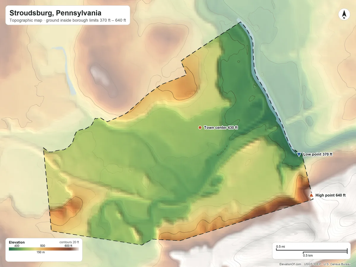 Topographic elevation map of Stroudsburg, Pennsylvania, shaded from 370 ft on the east side to 640 ft on the southeast edge, below higher ground just outside