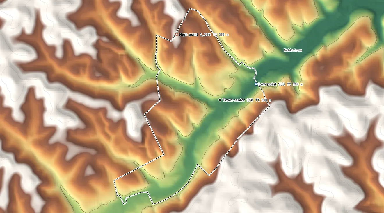 Topographic elevation map of Sturgeon, Pennsylvania, shaded from 930 ft on the northeast side to 1,160 ft on the northwest side
