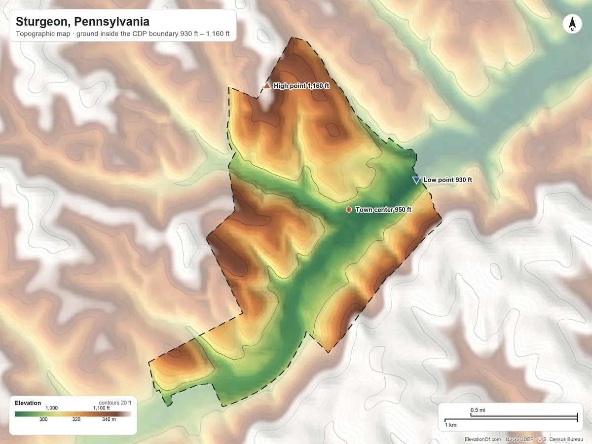 Topographic elevation map of Sturgeon, Pennsylvania, shaded from 930 ft on the northeast side to 1,160 ft on the northwest side