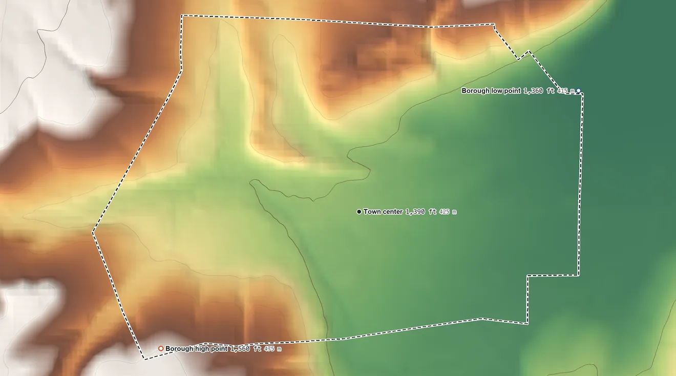 Topographic elevation map of Sugar Grove, Pennsylvania, shaded from 1,360 ft on the northeast side to 1,560 ft on the southwest edge, below higher ground just outside