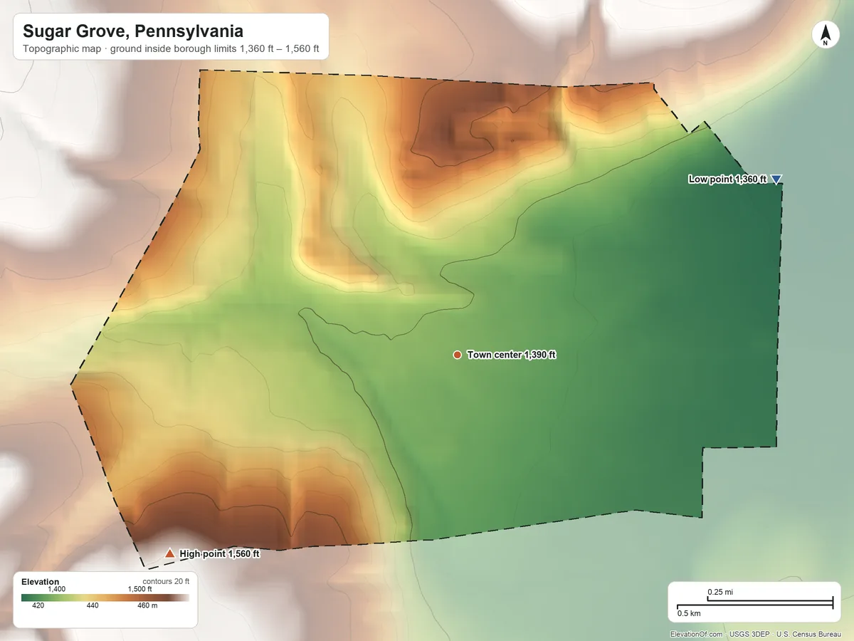 Topographic elevation map of Sugar Grove, Pennsylvania, shaded from 1,360 ft on the northeast side to 1,560 ft on the southwest edge, below higher ground just outside