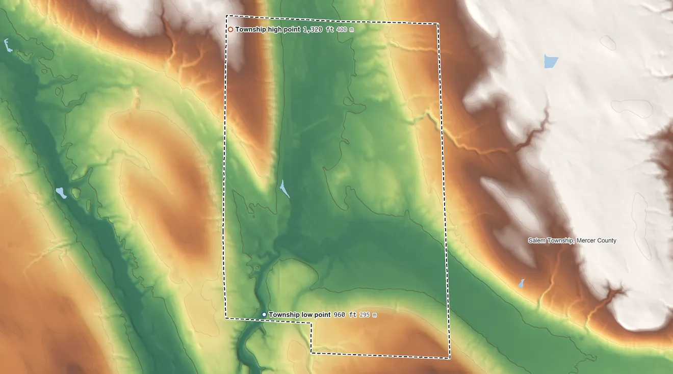 Topographic elevation map of Sugar Grove Township, Mercer County, Pennsylvania, shaded from 960 ft on the south side to 1,320 ft on the northwest side
