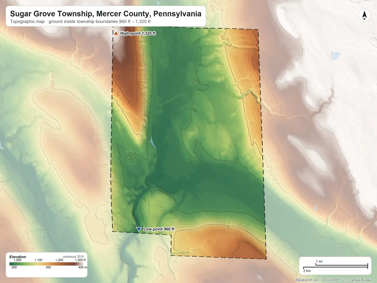 Topographic elevation map of Sugar Grove Township, Mercer County, Pennsylvania, shaded from 960 ft on the south side to 1,320 ft on the northwest side