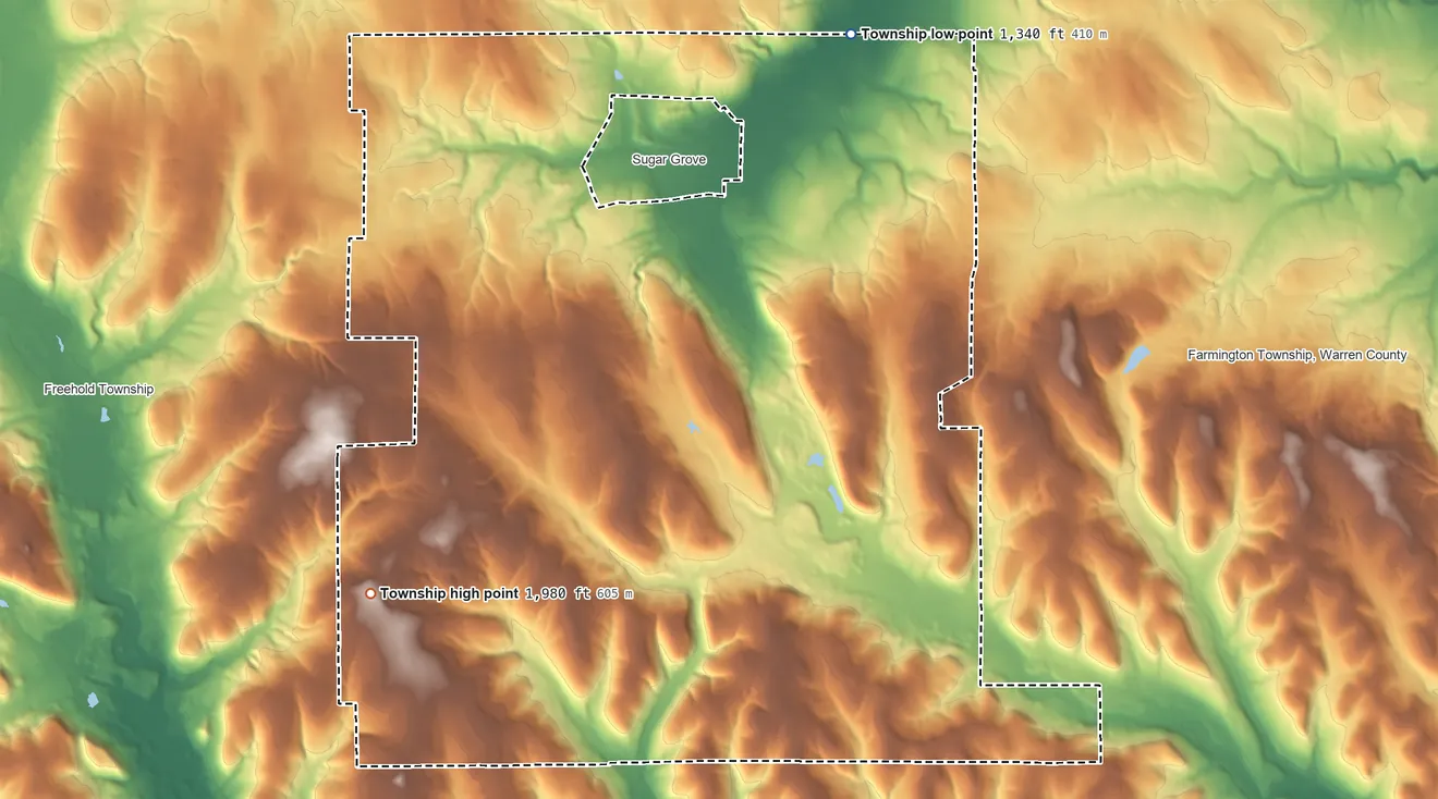 Topographic elevation map of Sugar Grove Township, Pennsylvania, shaded from 1,340 ft on the northeast side to 1,980 ft on the southwest side