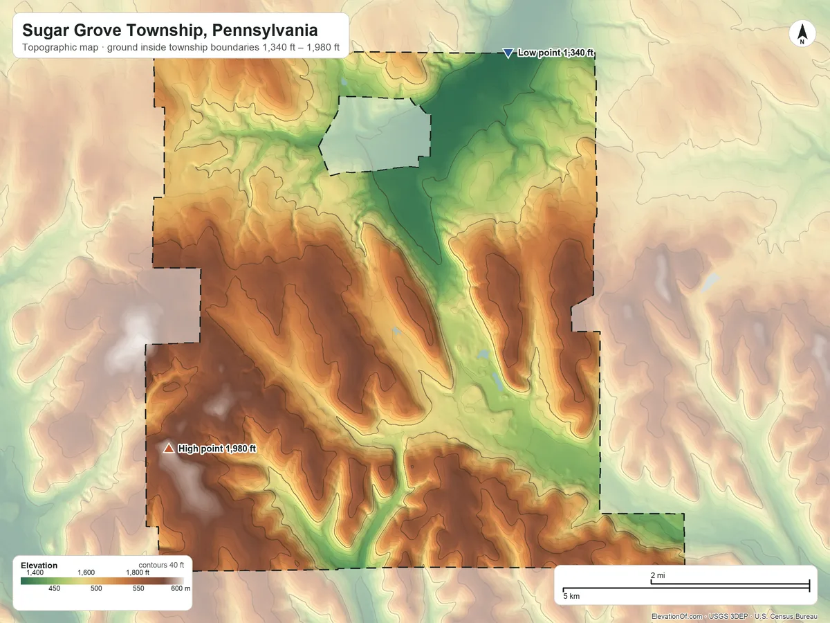 Topographic elevation map of Sugar Grove Township, Pennsylvania, shaded from 1,340 ft on the northeast side to 1,980 ft on the southwest side