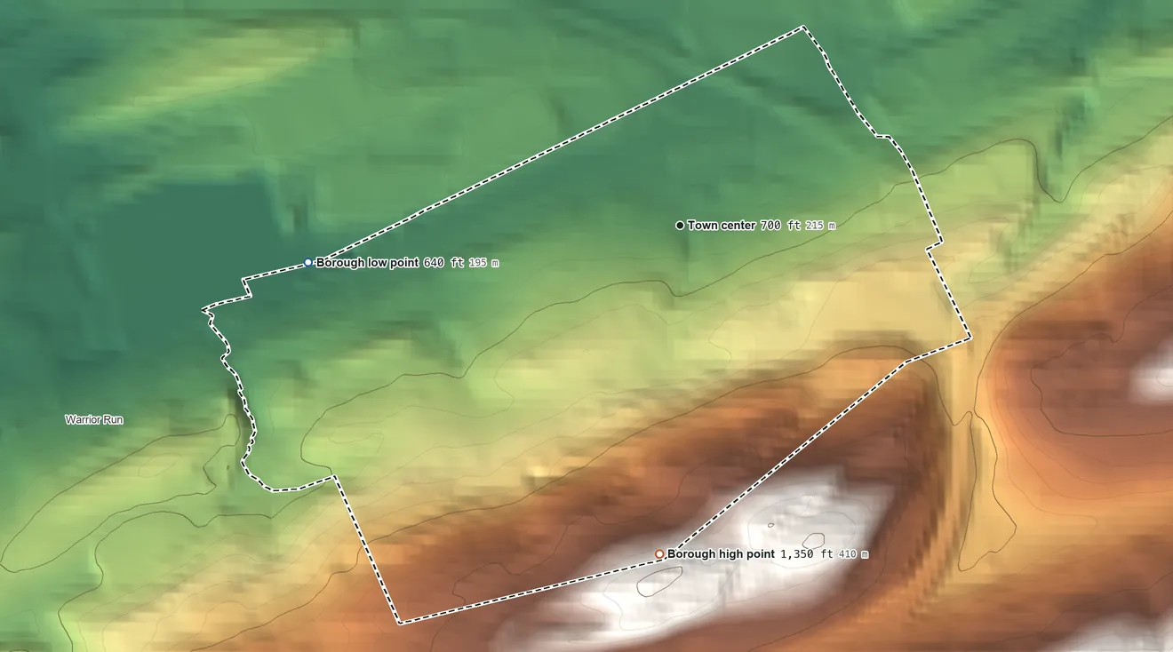 Topographic elevation map of Sugar Notch, Pennsylvania, shaded from 640 ft on the west side to 1,350 ft on the south edge, below higher ground just outside