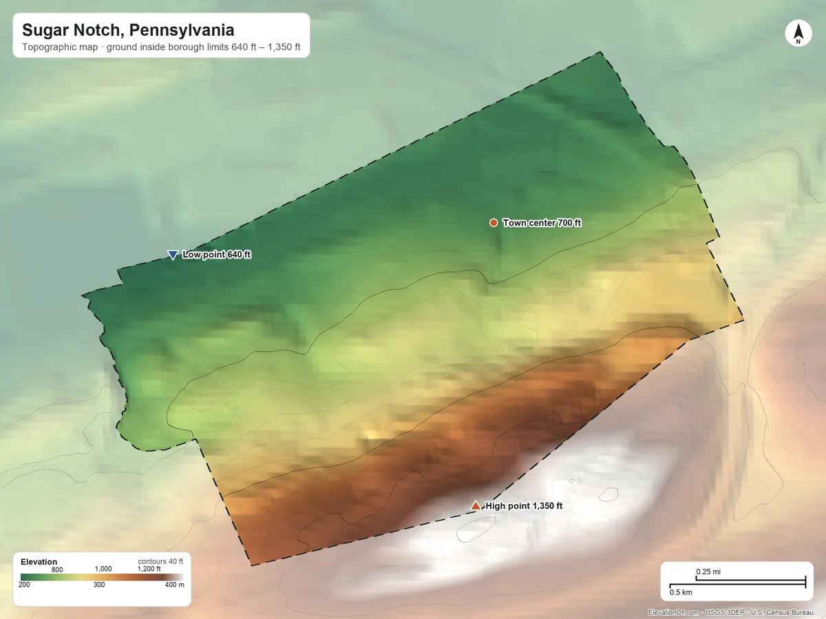 Topographic elevation map of Sugar Notch, Pennsylvania, shaded from 640 ft on the west side to 1,350 ft on the south edge, below higher ground just outside
