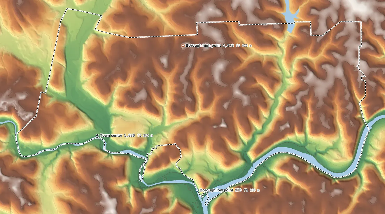 Topographic elevation map of Sugarcreek, Pennsylvania, shaded from 970 ft on the southeast side to 1,570 ft on the northeast side