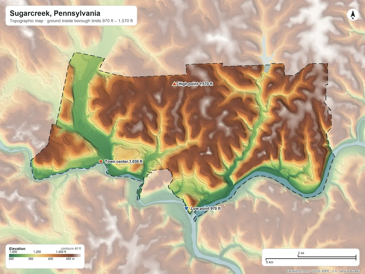 Topographic elevation map of Sugarcreek, Pennsylvania, shaded from 970 ft on the southeast side to 1,570 ft on the northeast side