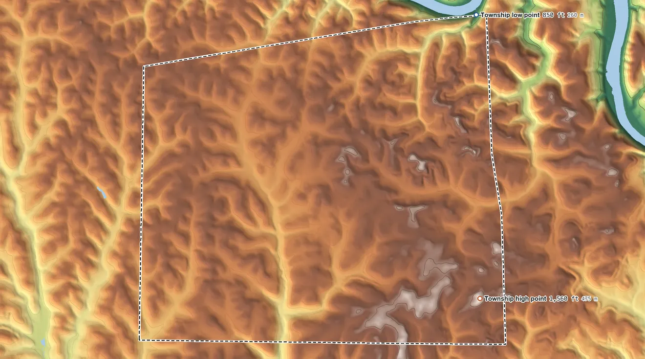 Topographic elevation map of Sugarcreek Township, Pennsylvania, shaded from 850 ft on the northeast side to 1,560 ft on the southeast side
