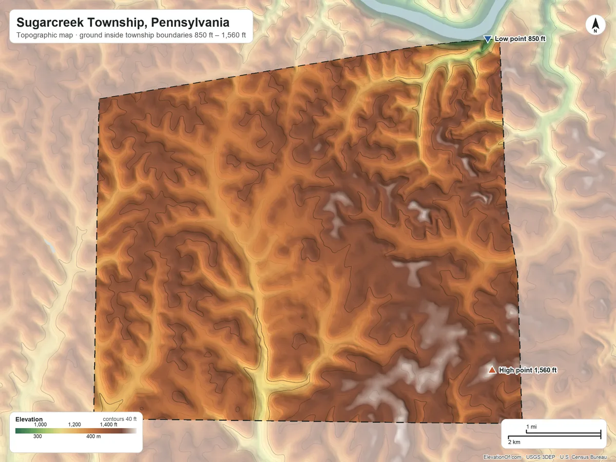 Topographic elevation map of Sugarcreek Township, Pennsylvania, shaded from 850 ft on the northeast side to 1,560 ft on the southeast side