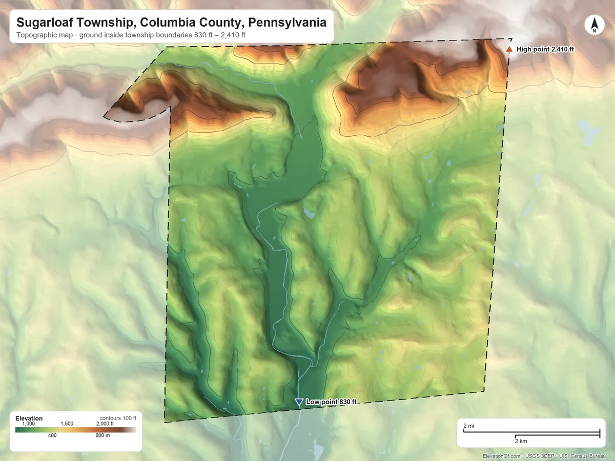 Topographic elevation map of Sugarloaf Township, Columbia County, Pennsylvania, shaded from 830 ft on the south side to 2,410 ft on the northeast side