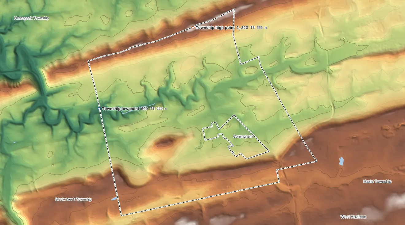 Topographic elevation map of Sugarloaf Township, Pennsylvania, shaded from 690 ft on the west side to 1,820 ft on the north side