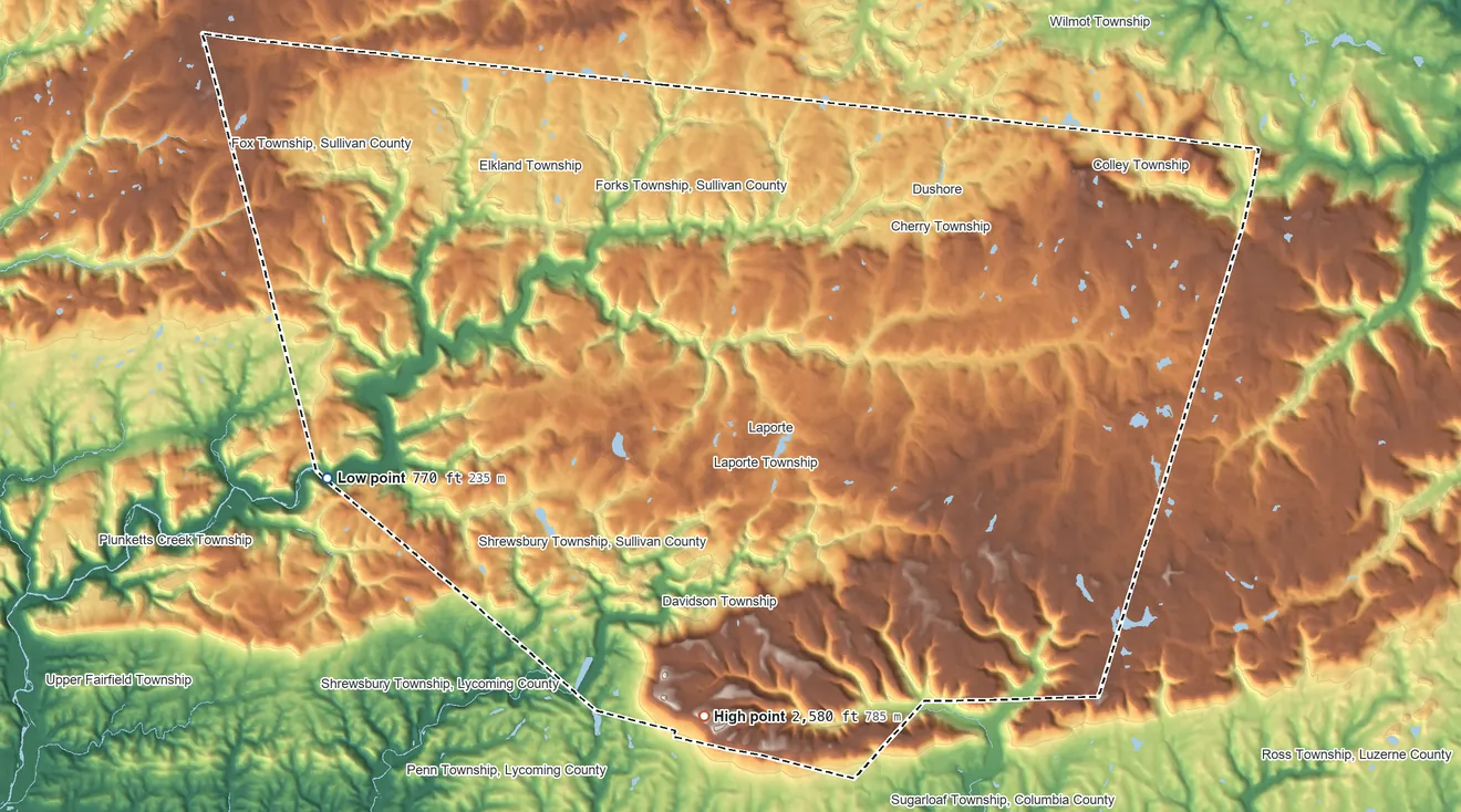 Topographic elevation map of Sullivan County, Pennsylvania, shaded from 770 ft on the west side to 2,580 ft on Huckleberry Mountain