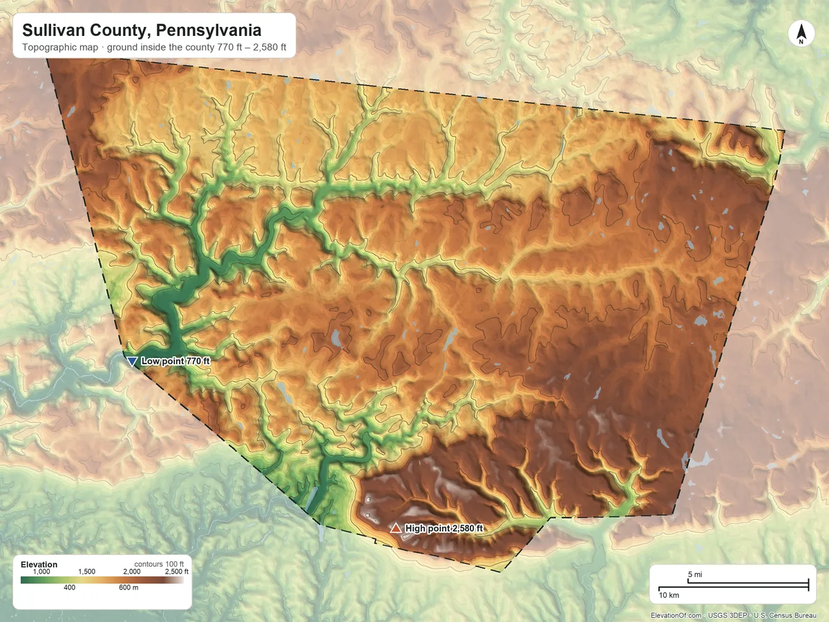 Topographic elevation map of Sullivan County, Pennsylvania, shaded from 770 ft on the west side to 2,580 ft on Huckleberry Mountain