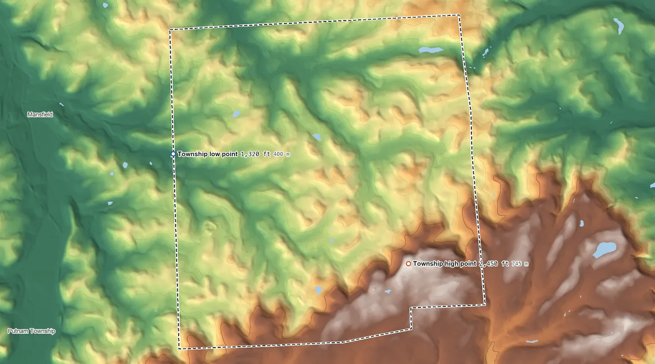 Topographic elevation map of Sullivan Township, Pennsylvania, shaded from 1,320 ft on the west side to 2,450 ft on the southeast side
