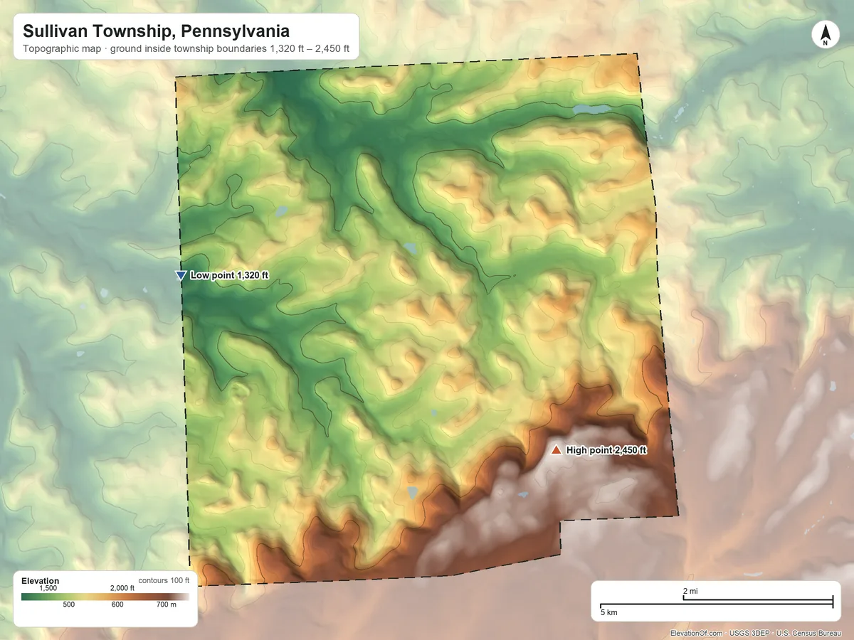 Topographic elevation map of Sullivan Township, Pennsylvania, shaded from 1,320 ft on the west side to 2,450 ft on the southeast side