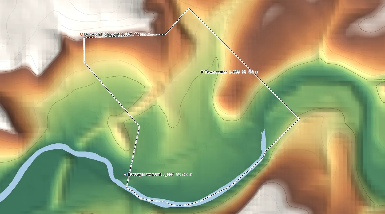 Topographic elevation map of Summerhill, Pennsylvania, shaded from 1,520 ft on the southwest side to 1,820 ft on the west edge, below higher ground just outside