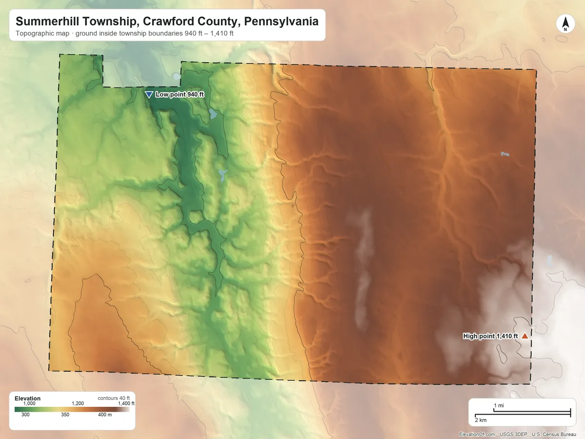 Topographic elevation map of Summerhill Township, Crawford County, Pennsylvania, shaded from 940 ft on the northwest side to 1,410 ft on the southeast side