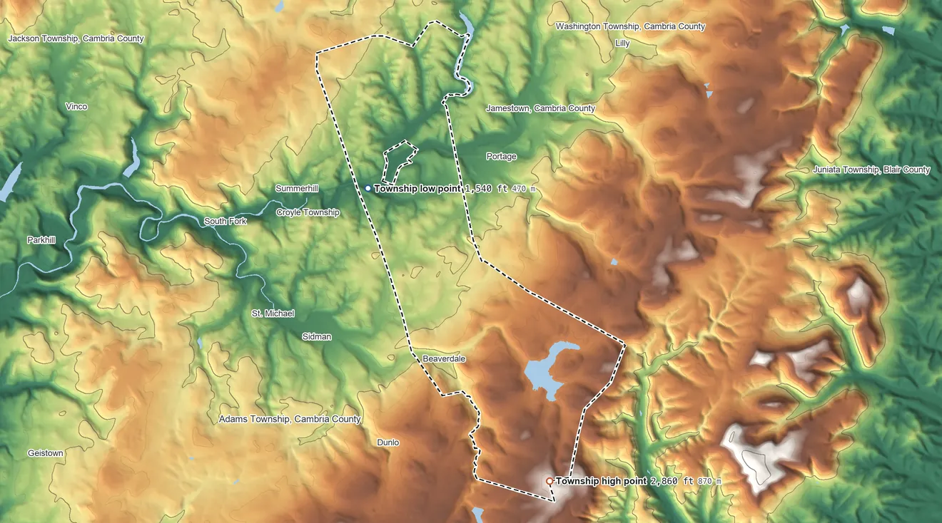 Topographic elevation map of Summerhill Township, Pennsylvania, shaded from 1,540 ft on the northwest side to 2,860 ft on the southeast side