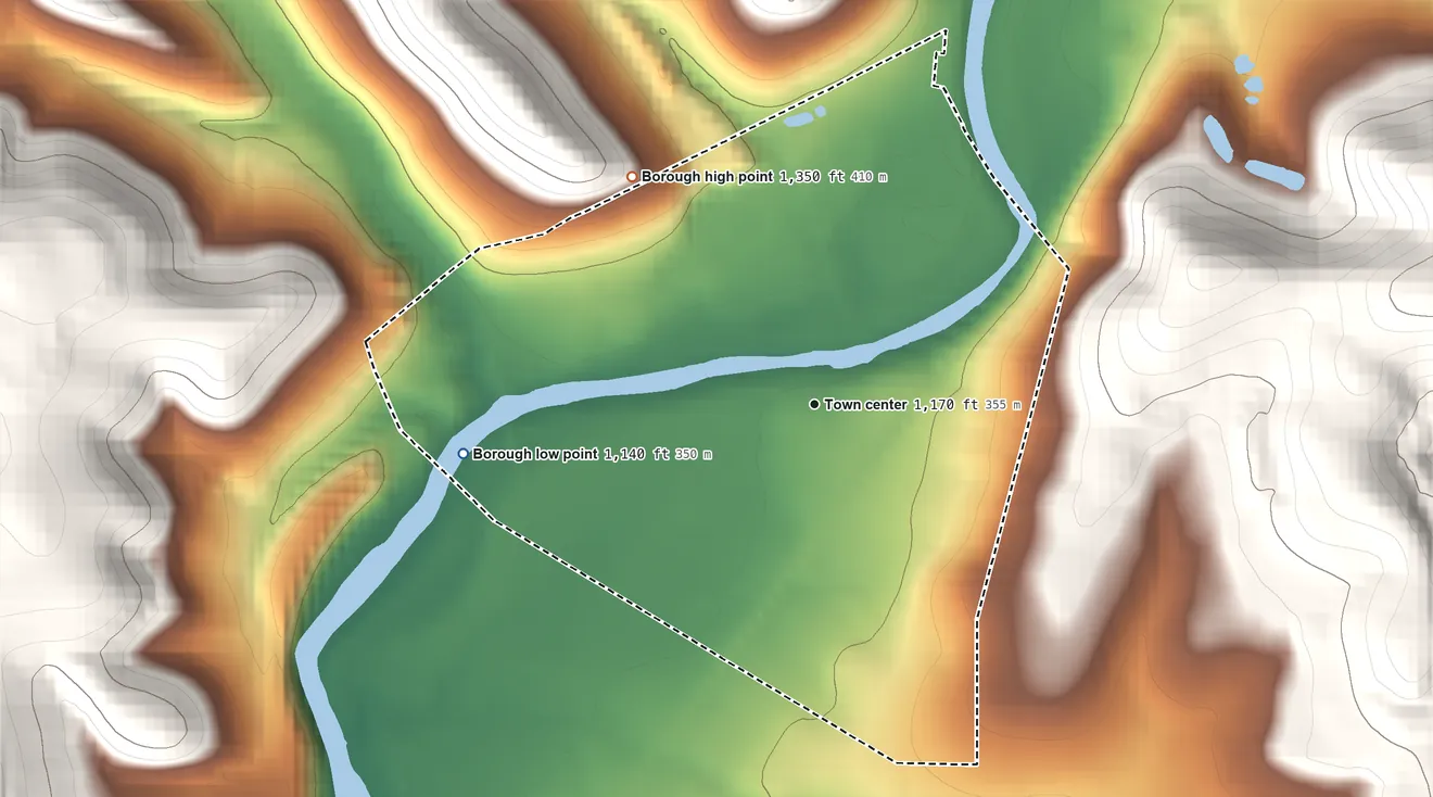 Topographic elevation map of Summerville, Pennsylvania, shaded from 1,140 ft on the west side to 1,350 ft on the northwest side