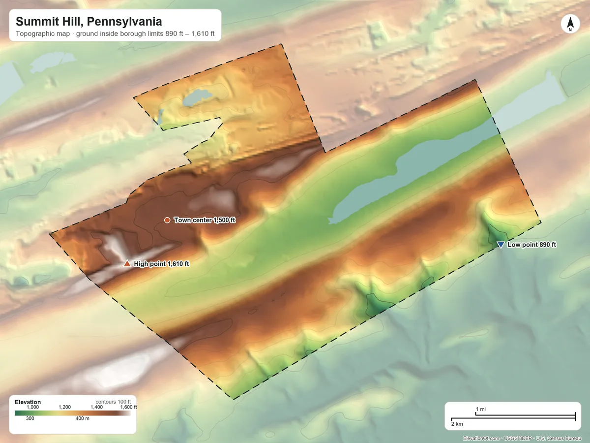 Topographic elevation map of Summit Hill, Pennsylvania, shaded from 890 ft on the east side to 1,610 ft on Pisgah Mountain
