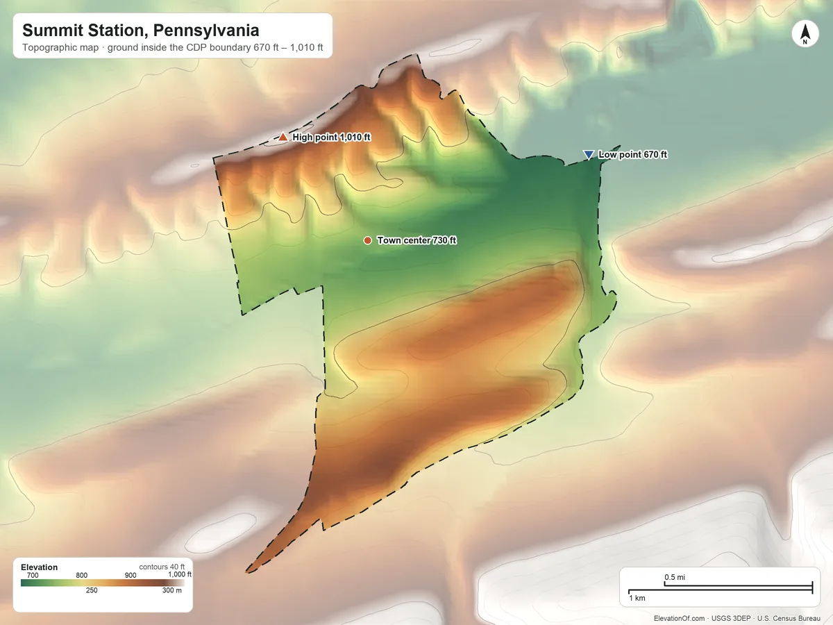 Topographic elevation map of Summit Station, Pennsylvania, shaded from 670 ft on the east side to 1,010 ft on Summer Hill