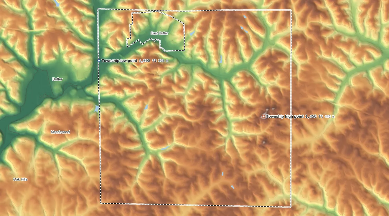 Topographic elevation map of Summit Township, Butler County, Pennsylvania, shaded from 1,000 ft on the northwest side to 1,450 ft on the east side