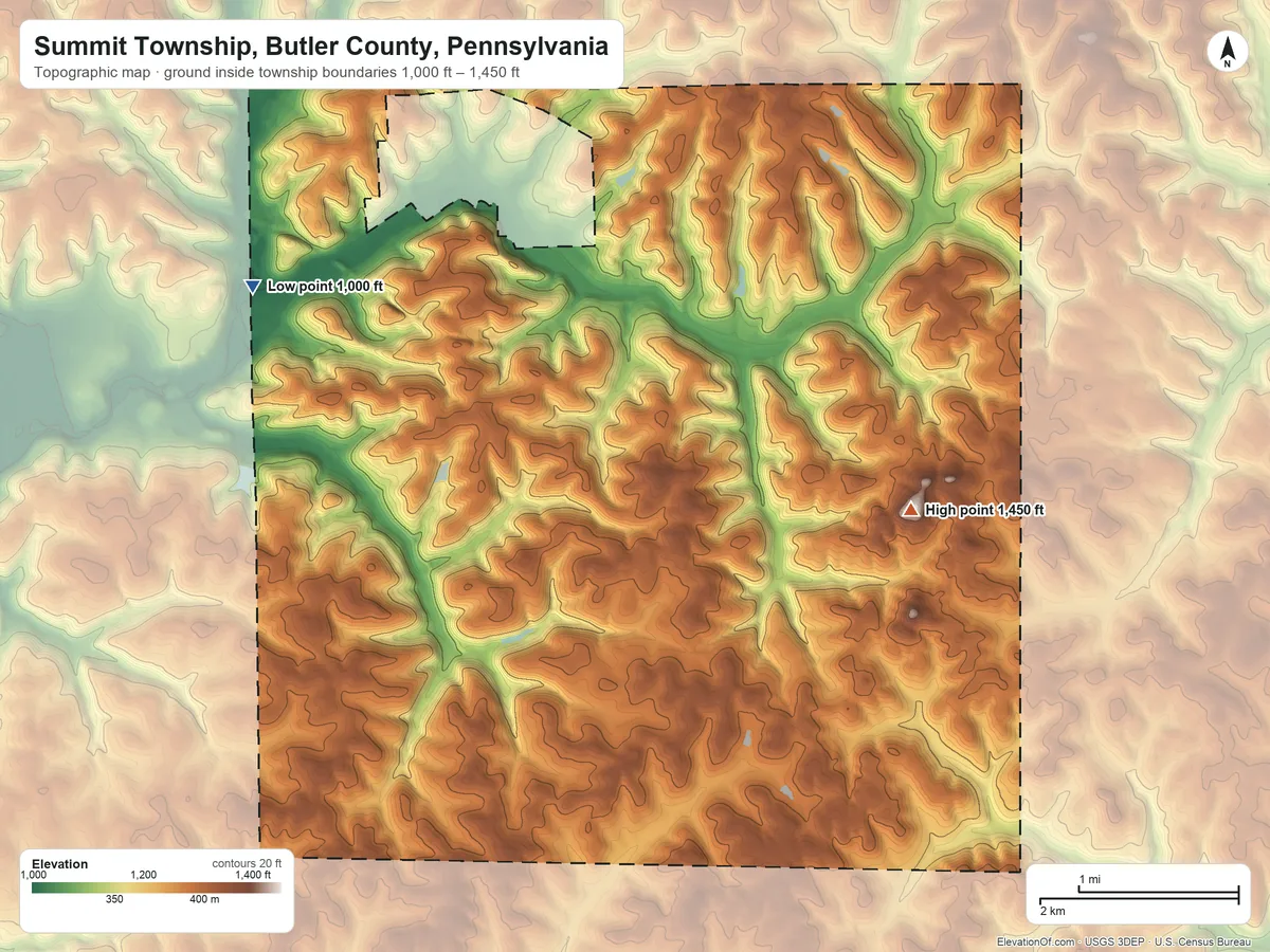 Topographic elevation map of Summit Township, Butler County, Pennsylvania, shaded from 1,000 ft on the northwest side to 1,450 ft on the east side