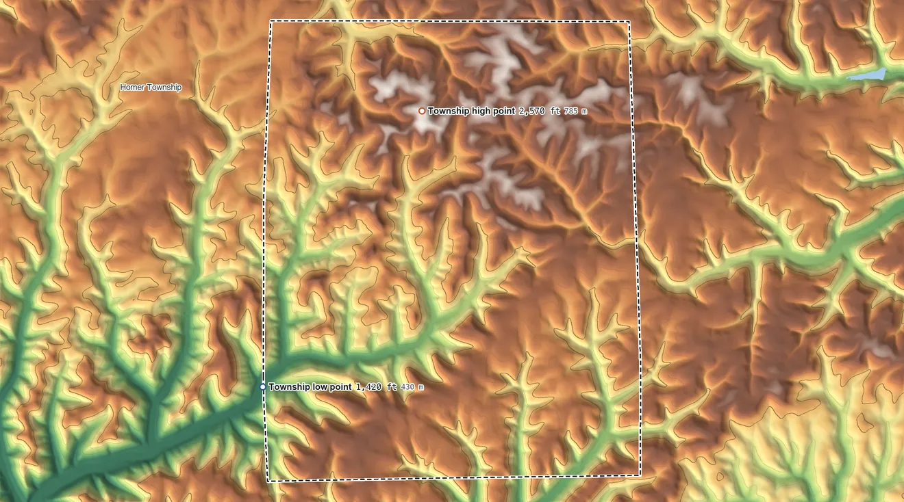 Topographic elevation map of Summit Township, Potter County, Pennsylvania, shaded from 1,420 ft on the southwest side to 2,570 ft on the north side