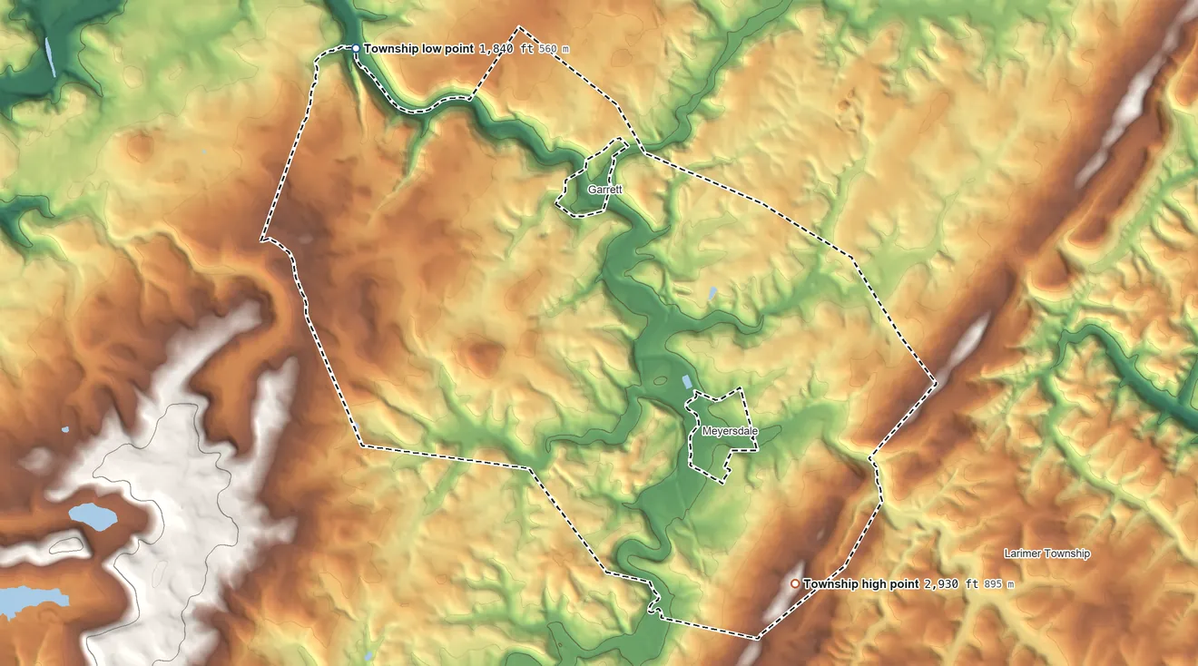 Topographic elevation map of Summit Township, Somerset County, Pennsylvania, shaded from 1,840 ft on the northwest side to 2,930 ft on the southeast side
