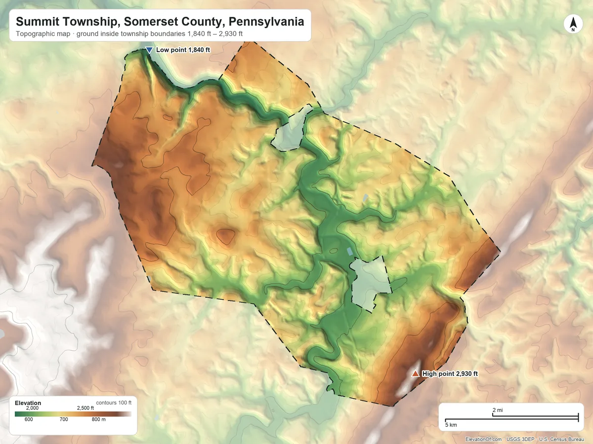 Topographic elevation map of Summit Township, Somerset County, Pennsylvania, shaded from 1,840 ft on the northwest side to 2,930 ft on the southeast side