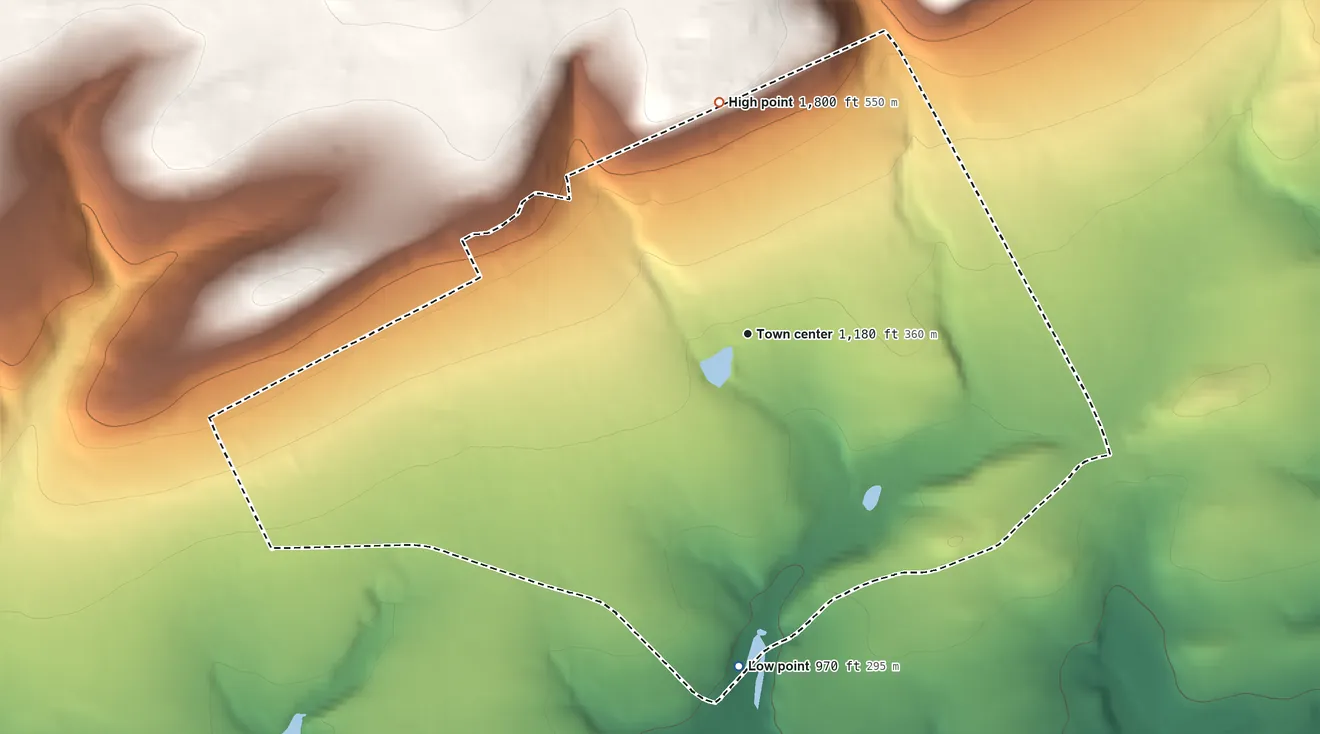 Topographic elevation map of Sun Valley, Pennsylvania, shaded from 970 ft on the south side to 1,800 ft on the north side