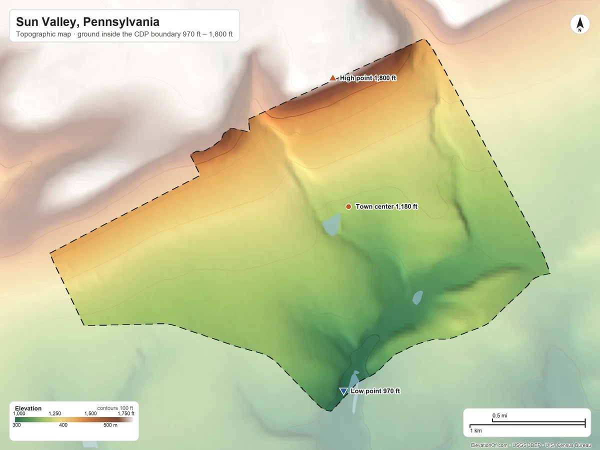 Topographic elevation map of Sun Valley, Pennsylvania, shaded from 970 ft on the south side to 1,800 ft on the north side