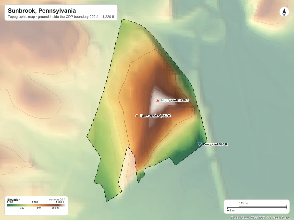 Topographic elevation map of Sunbrook, Pennsylvania, shaded from 990 ft on the southeast side to 1,220 ft on the northeast edge, below higher ground just outside