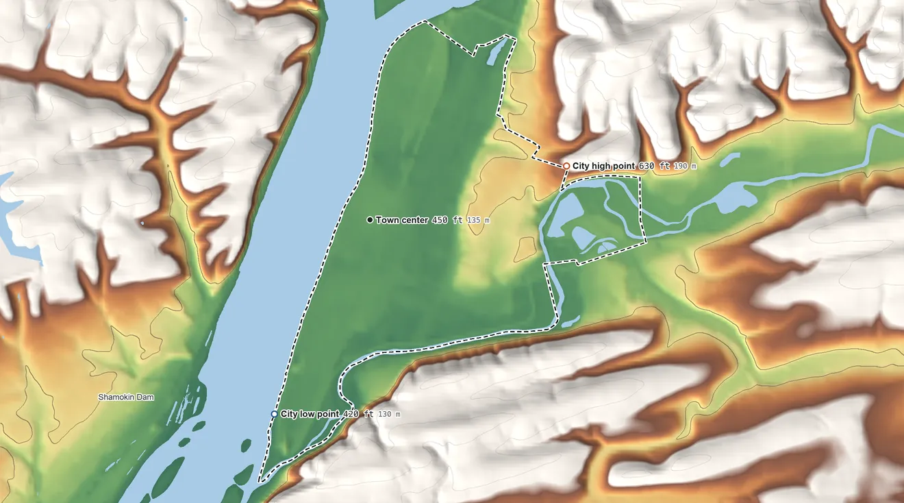 Topographic elevation map of Sunbury, Pennsylvania, shaded from 420 ft on the southwest side to 630 ft on the east edge, below higher ground just outside
