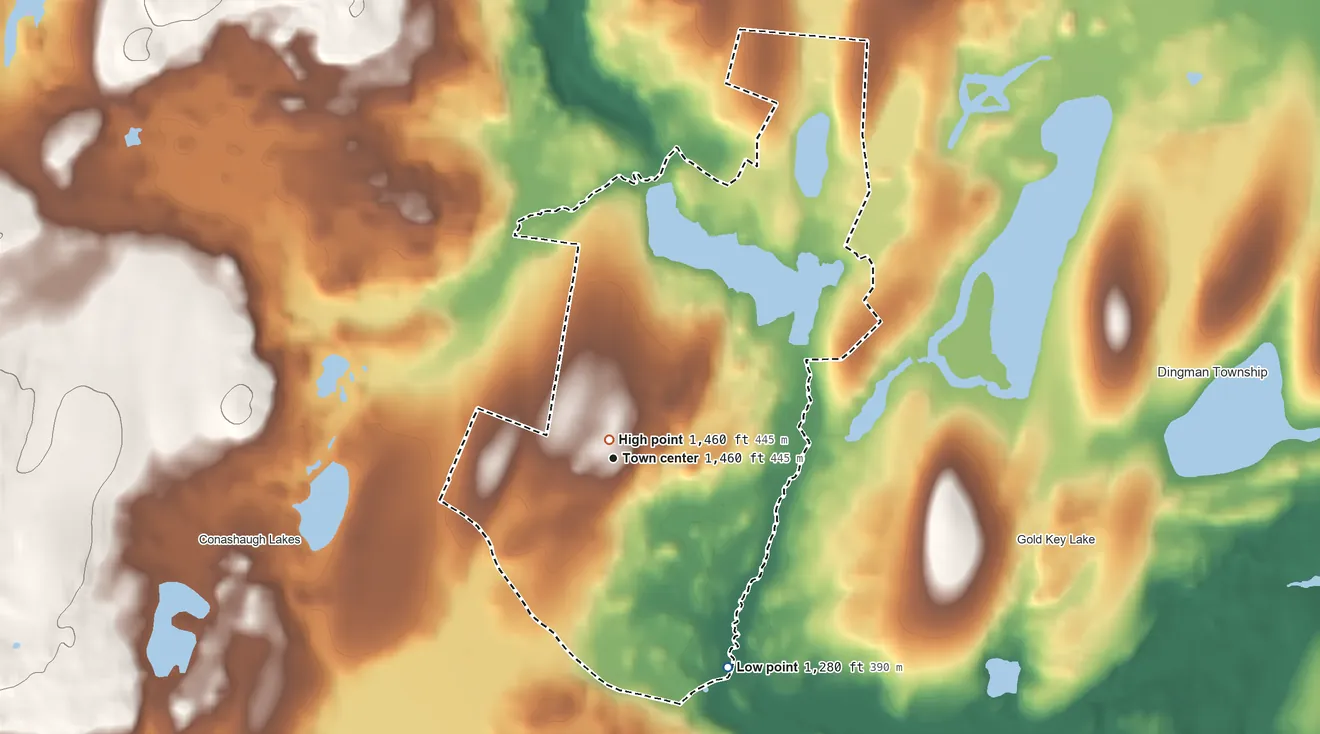 Topographic elevation map of Sunrise Lake, Pennsylvania, shaded from 1,280 ft on the southeast side to 1,460 ft near the middle