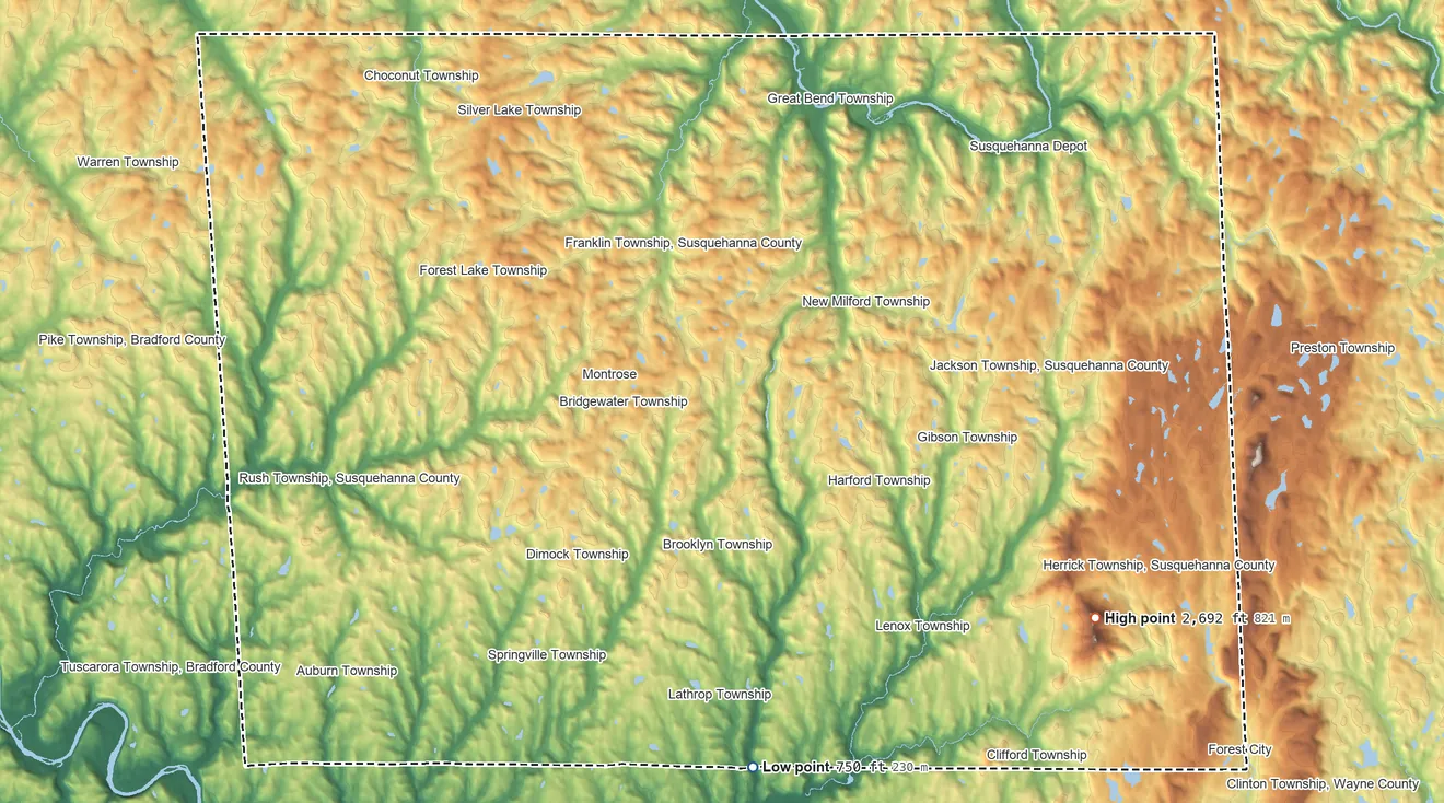 Topographic elevation map of Susquehanna County, Pennsylvania, shaded from 750 ft on the south side to 2,692 ft on North Knob