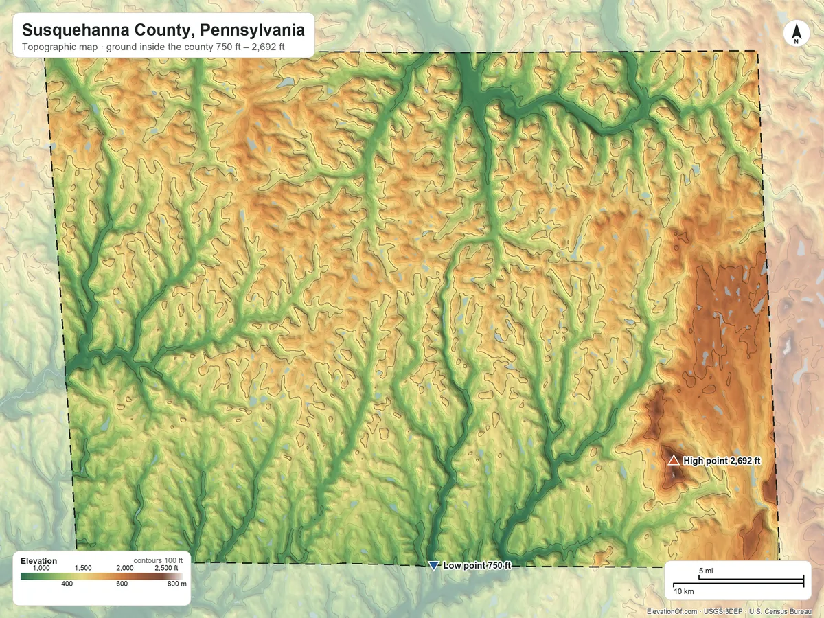 Topographic elevation map of Susquehanna County, Pennsylvania, shaded from 750 ft on the south side to 2,692 ft on North Knob