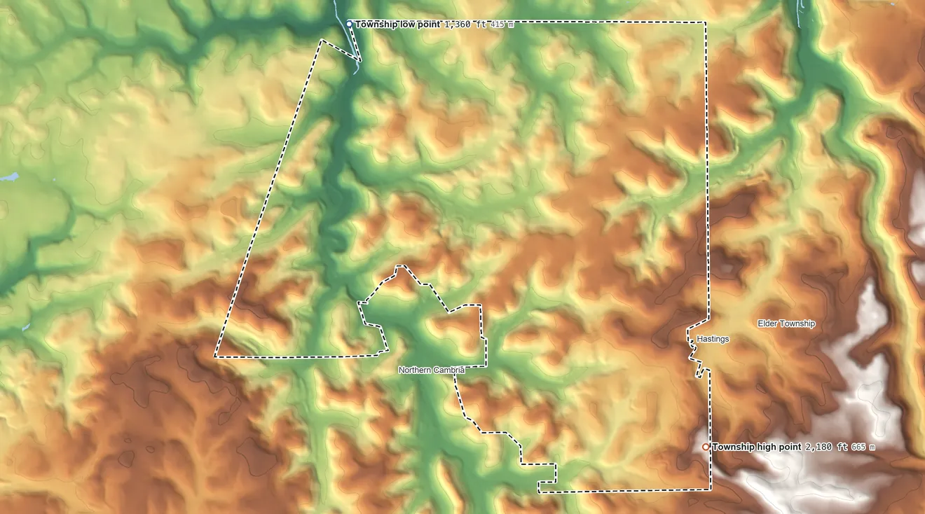 Topographic elevation map of Susquehanna Township, Cambria County, Pennsylvania, shaded from 1,360 ft on the northwest side to 2,180 ft on the southeast side
