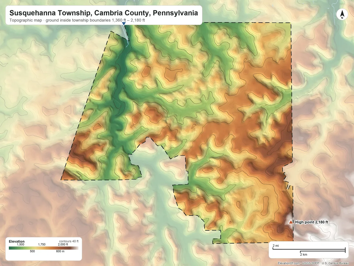 Topographic elevation map of Susquehanna Township, Cambria County, Pennsylvania, shaded from 1,360 ft on the northwest side to 2,180 ft on the southeast side