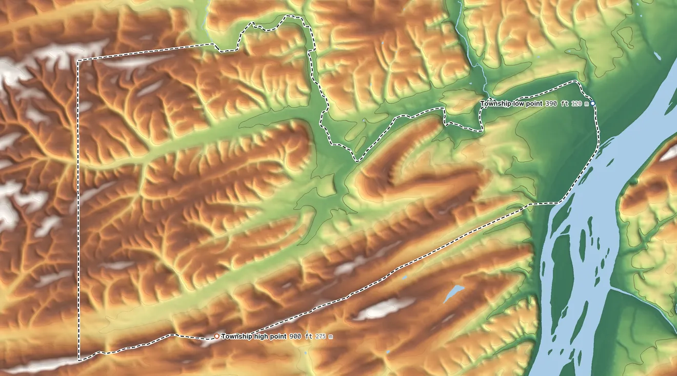 Topographic elevation map of Susquehanna Township, Juniata County, Pennsylvania, shaded from 390 ft on the east side to 900 ft on the southwest side