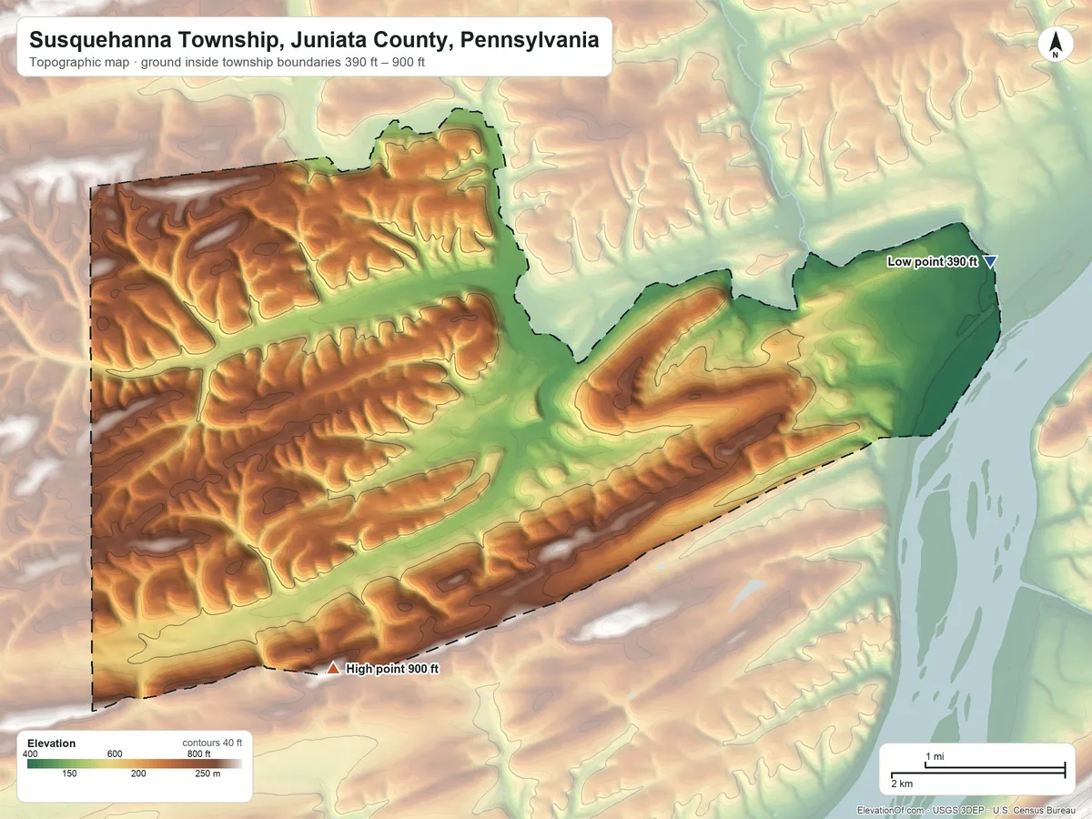 Topographic elevation map of Susquehanna Township, Juniata County, Pennsylvania, shaded from 390 ft on the east side to 900 ft on the southwest side