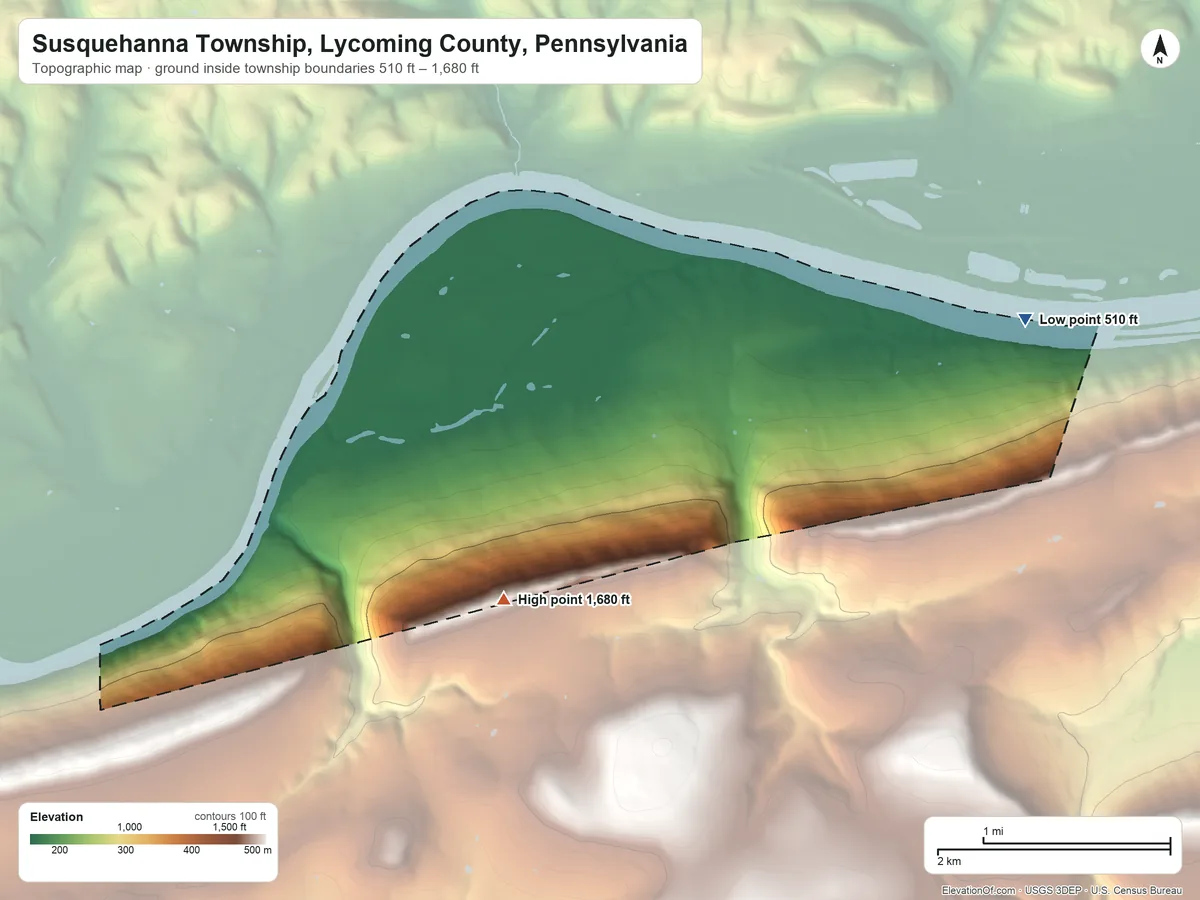 Topographic elevation map of Susquehanna Township, Lycoming County, Pennsylvania, shaded from 510 ft on the east side to 1,680 ft on the southwest side
