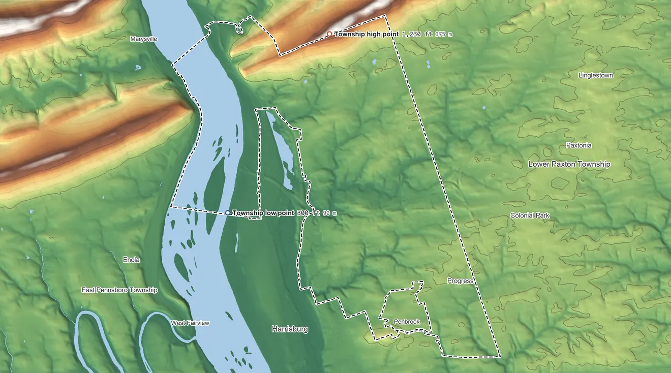 Topographic elevation map of Susquehanna Township, Pennsylvania, shaded from 300 ft on the west side to 1,230 ft on the north side