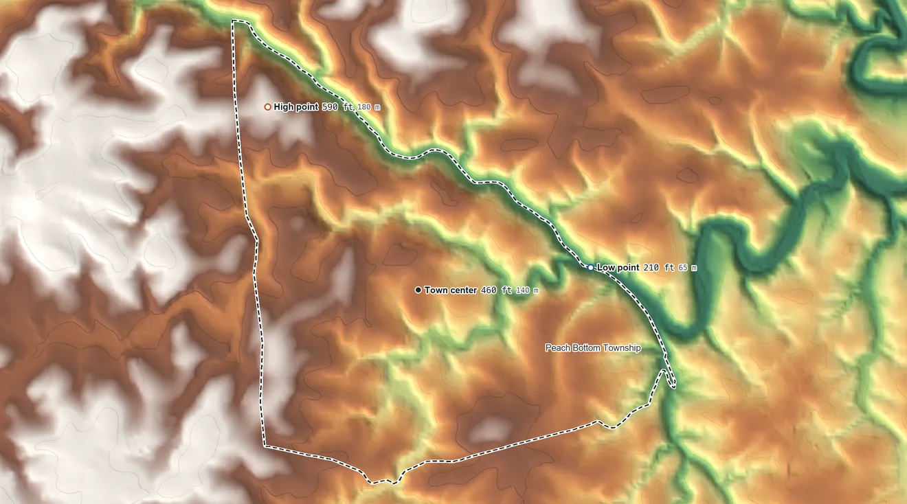 Topographic elevation map of Susquehanna Trails, Pennsylvania, shaded from 210 ft on the east side to 590 ft on the northwest side