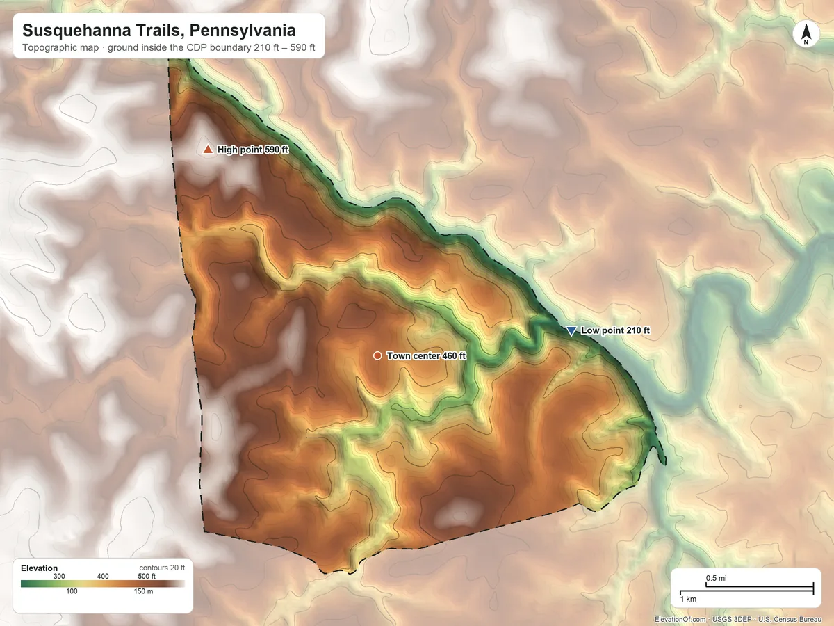 Topographic elevation map of Susquehanna Trails, Pennsylvania, shaded from 210 ft on the east side to 590 ft on the northwest side