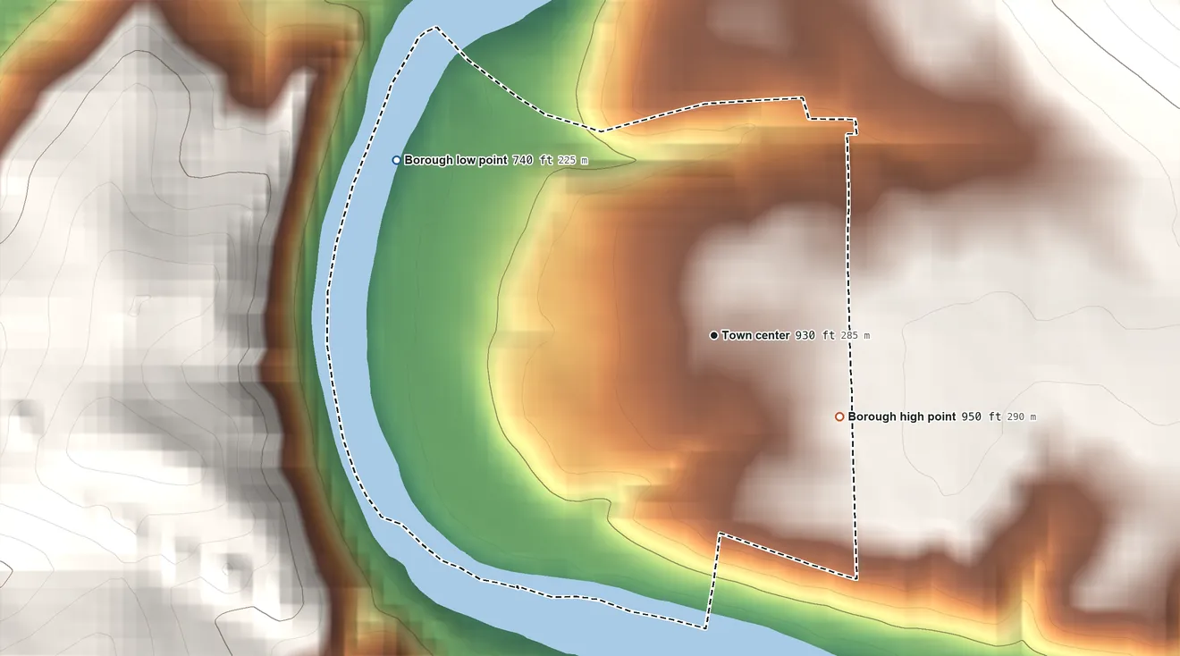 Topographic elevation map of Sutersville, Pennsylvania, shaded from 740 ft on the northwest side to 950 ft on the southeast side
