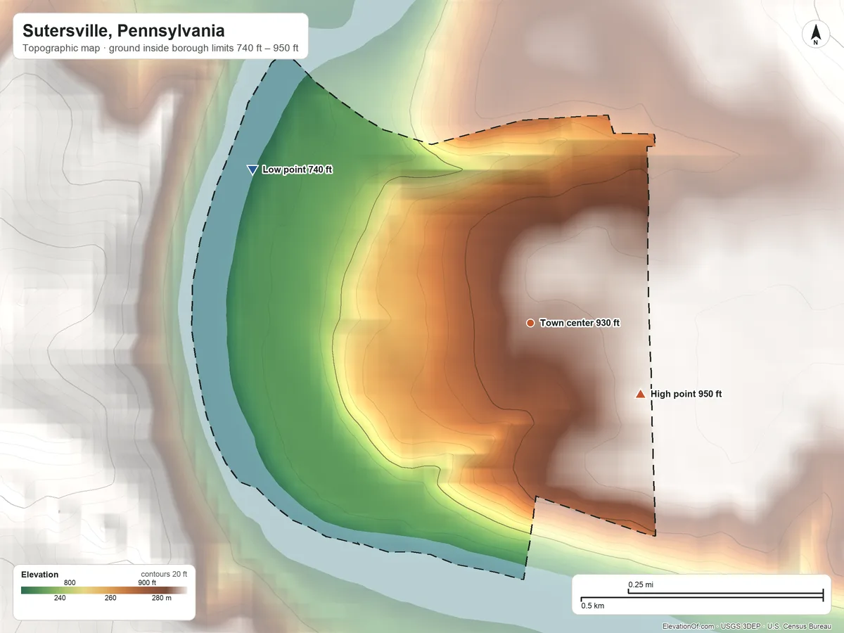 Topographic elevation map of Sutersville, Pennsylvania, shaded from 740 ft on the northwest side to 950 ft on the southeast side